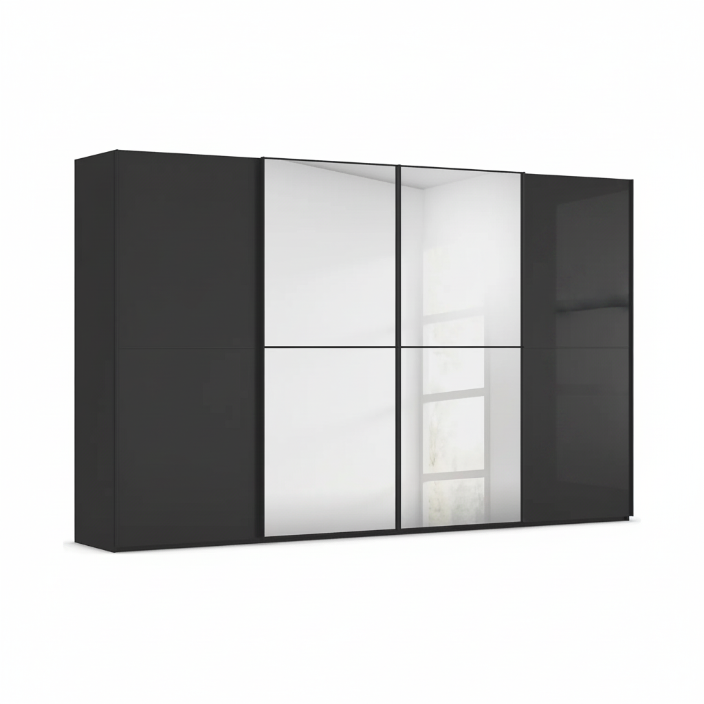 A modern four-door Rauch Scale Supreme Duo wardrobe or cabinet with two solid black side doors and two mirrored centre doors, available in width 320, 360 and 400cm