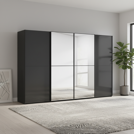 A modern Rauch Scale Duo Supreme wardrobe with two graphite Glass side doors and two mirrored sliding doors, shown in a minimalist room setting 