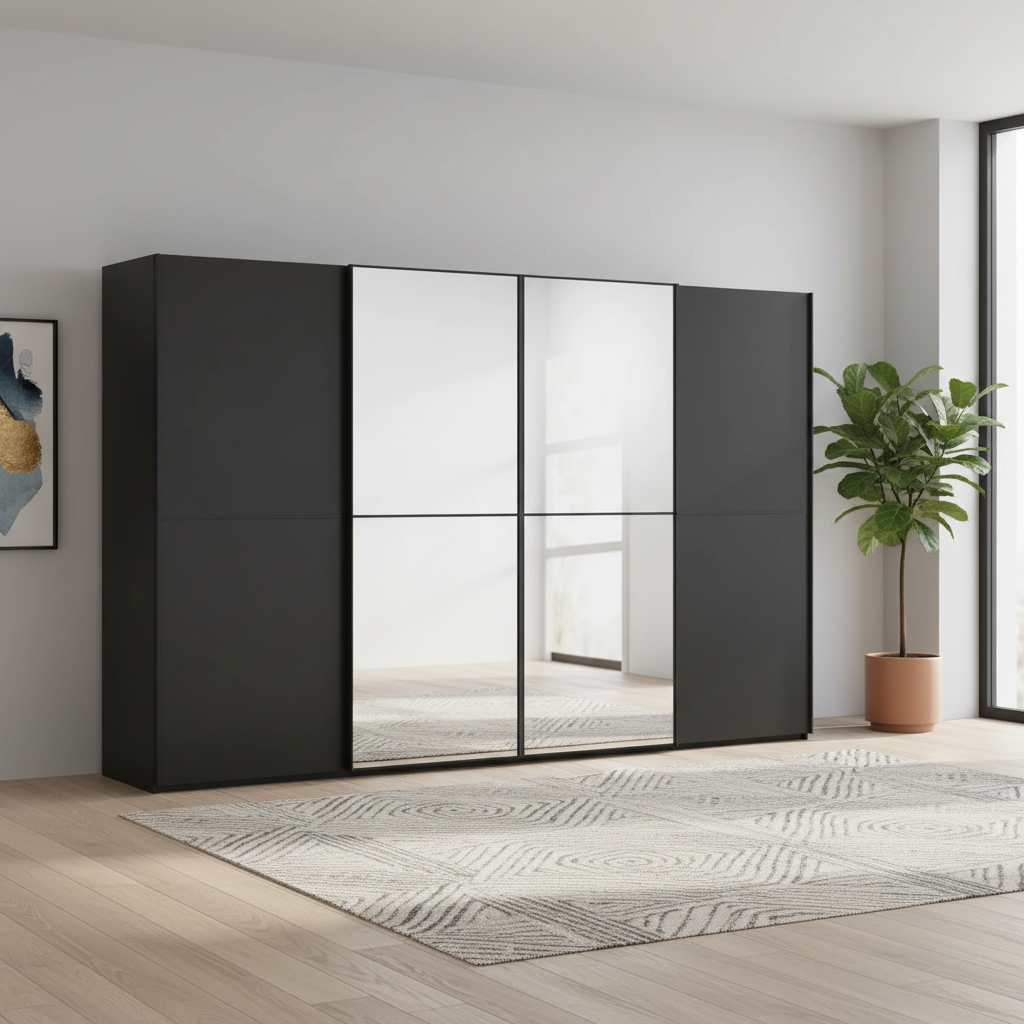 Rauch Scale Black Supreme Duo Graphite 4 Door Sliding  Wardrobe with Mirror 