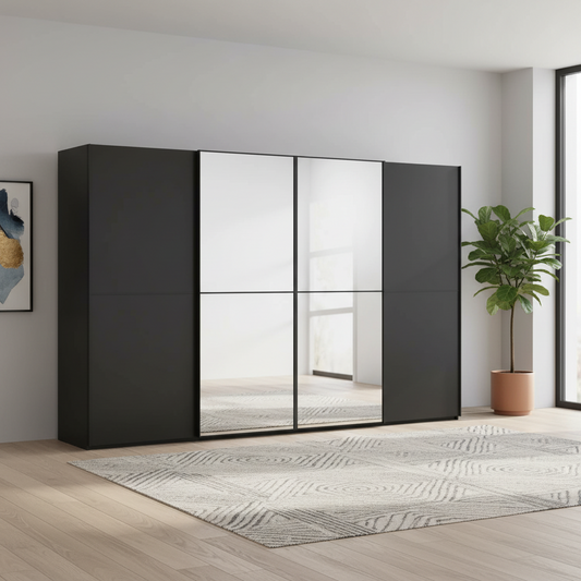 Rauch Scale Black Supreme Duo Graphite 4 Door Sliding  Wardrobe with Mirror 