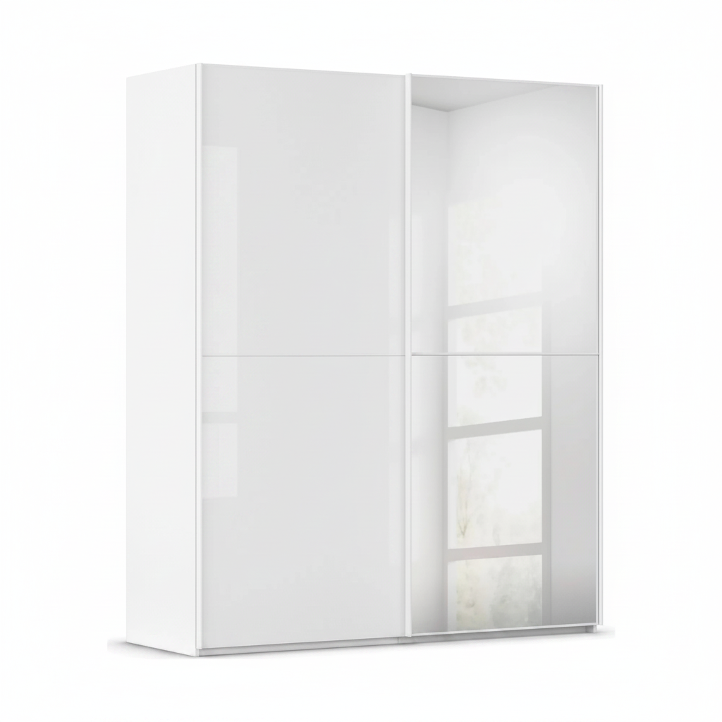 A modern Rauch White Glass two door sliding-door cabinet Wardrobe with Mirror on one door