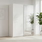 A modern white Rauch glass 2 door sliding wardrobe with one glass-front door and one mirrored door, shown in a bright, minimalist room with a potted plant.