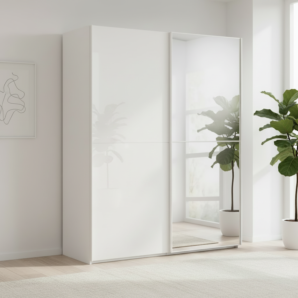 A modern white Rauch glass 2 door sliding wardrobe with one glass-front door and one mirrored door, shown in a bright, minimalist room with a potted plant.