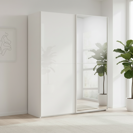 A modern white Rauch glass 2 door sliding wardrobe with one glass-front door and one mirrored door, shown in a bright, minimalist room with a potted plant.