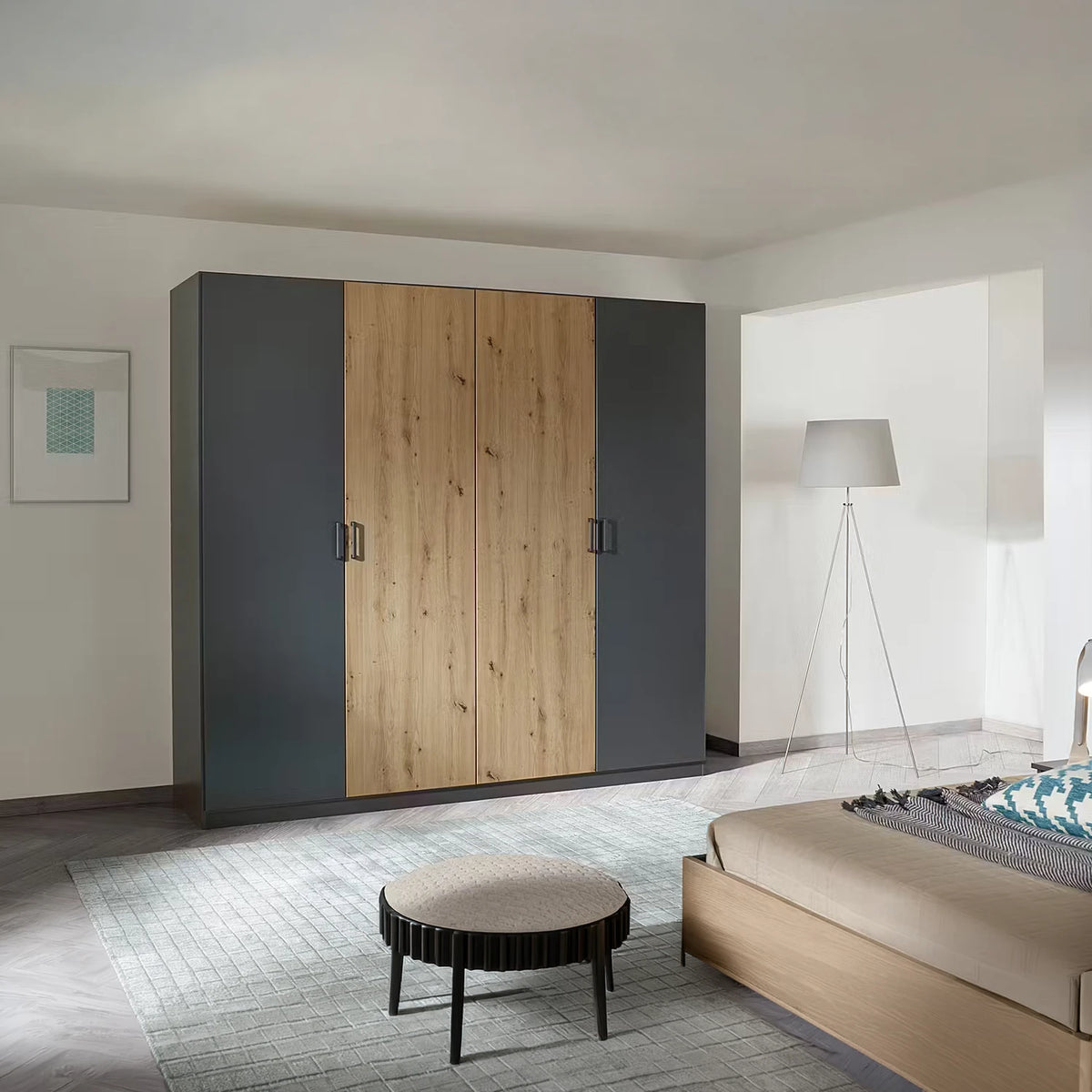 Rauch Miro 4 Door Hinged Wardrobe in Metallic Grey with Artisan Oak styled in a modern bedroom 