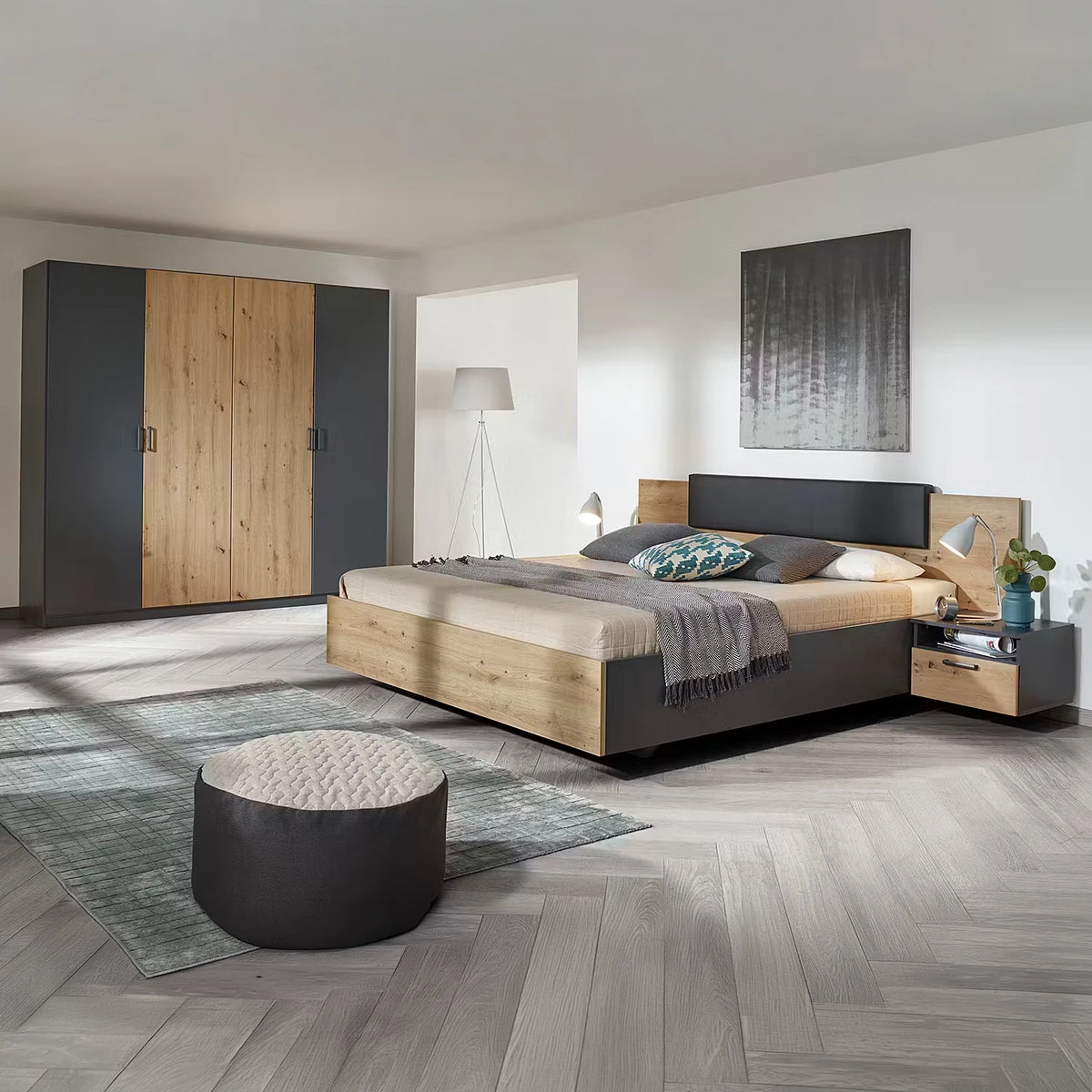 Rauch Miro 4 Door Hinged Wardrobe in Metallic Grey with Artisan Oak matching bedroom furniture