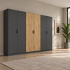 Rauch Miro 6 Door Hinged Wardrobe 271cm in Metallic Grey with Artisan Oak styled in a modern bedroom