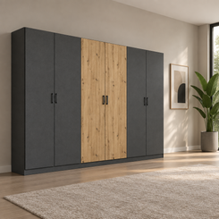Rauch Miro 6 Door Hinged Wardrobe 271cm in Metallic Grey with Artisan Oak styled in a modern bedroom