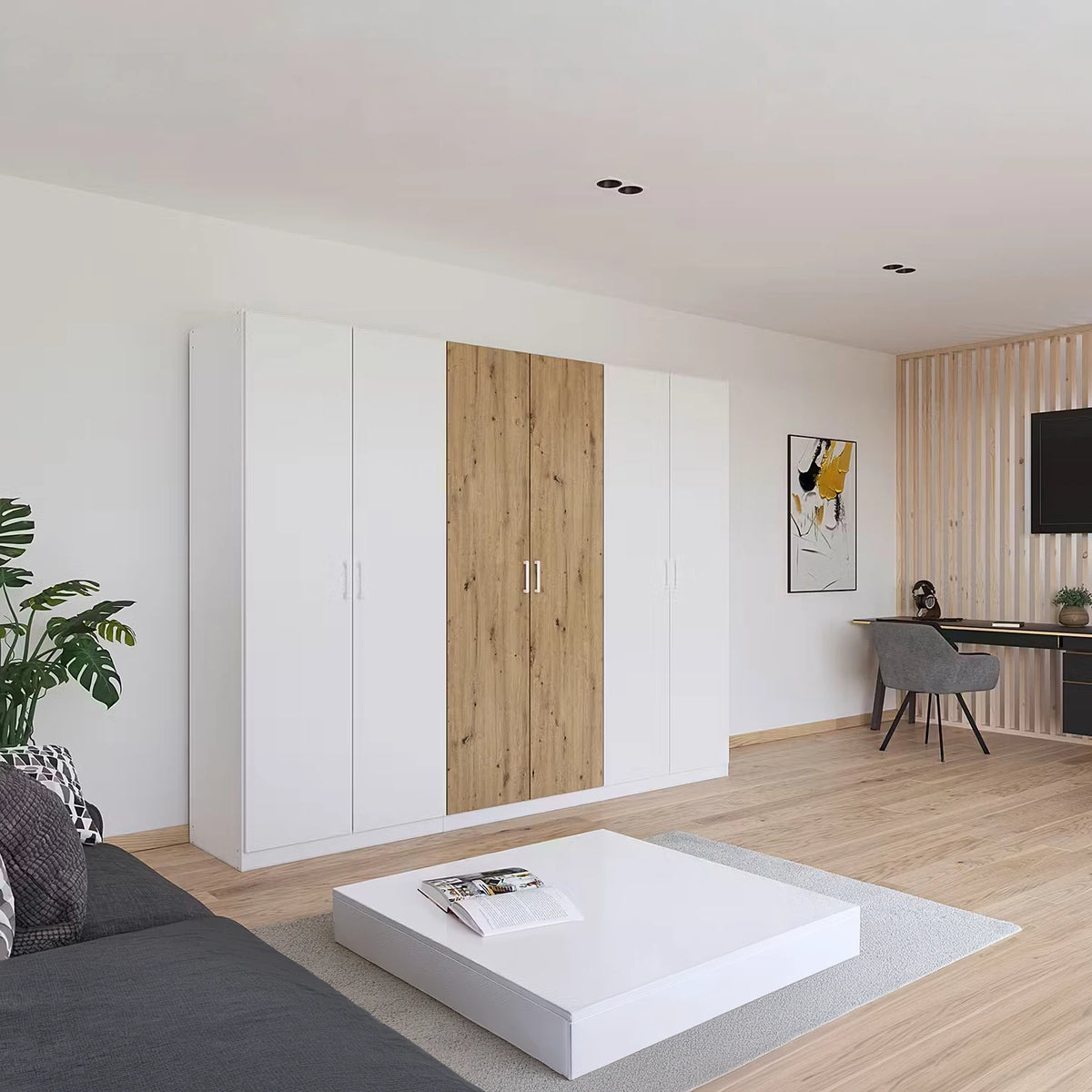 Rauch Miro 6 Door Hinged Wardrobe 271cm in Alpine White with Artisan Oak styled in a modern bedroom