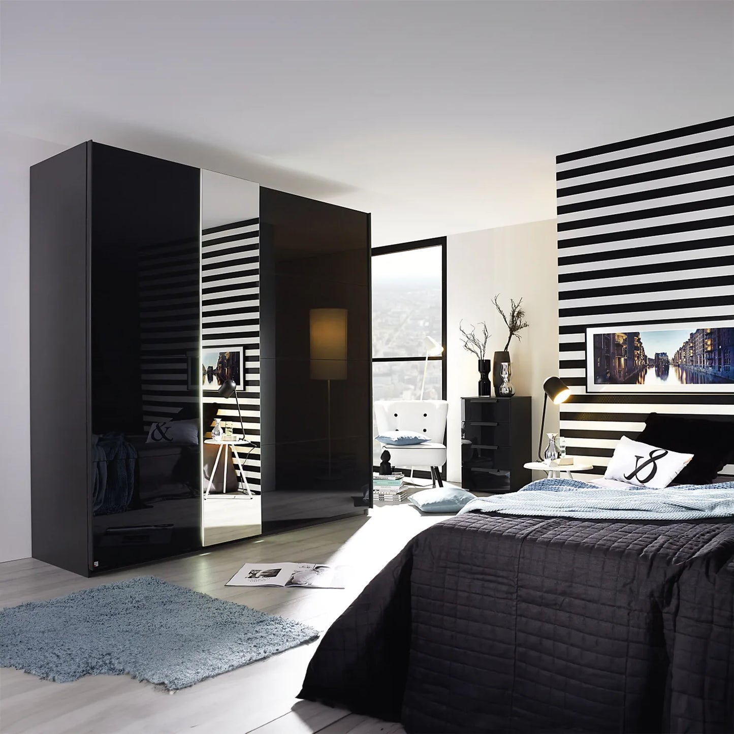 Cairns Graphite Sliding Wardrobe with Basalt Glass Front, styled in a bedroom