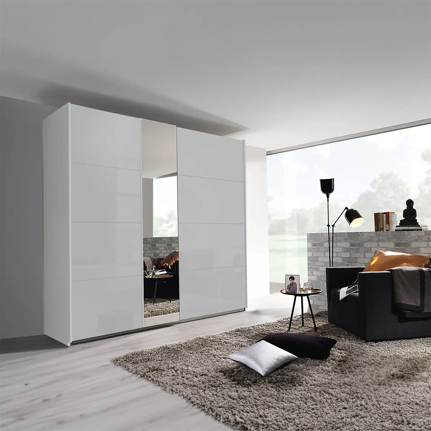 Cairns Sliding Door Wardrobe with Mirror Styled in a Room 
