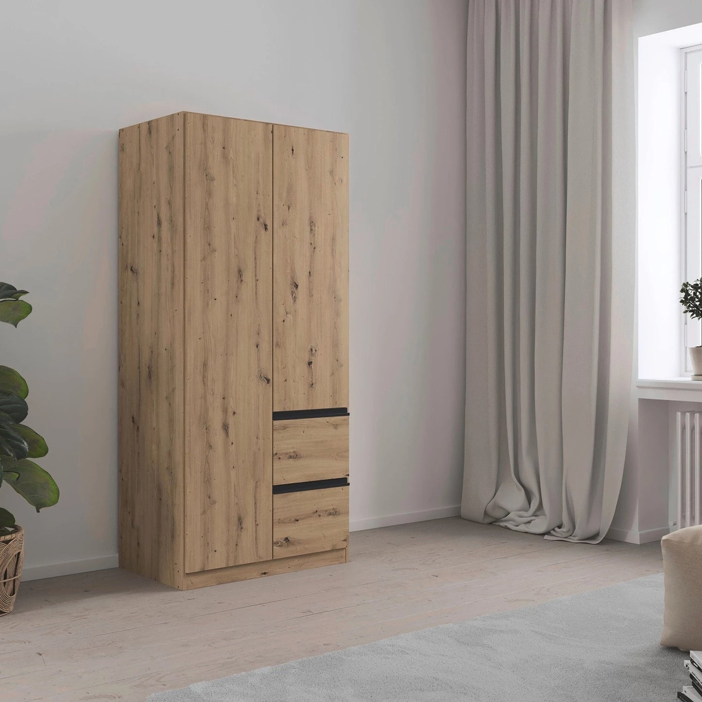 Rauch Cara Artisan Oak 2 Door Wardrobe with Side Drawers 91cm