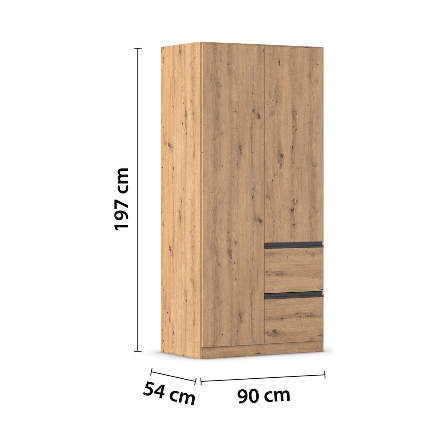 Rauch Cara Artisan Oak 2 Door Wardrobe with Side Drawers 91cm