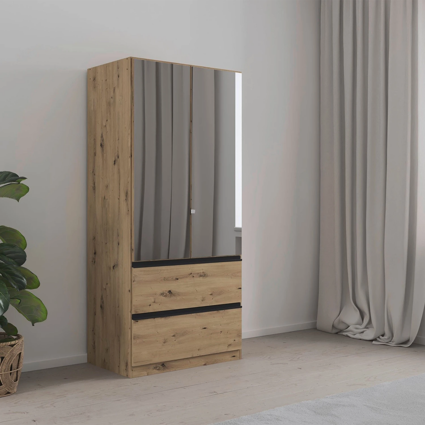 Rauch Cara Artisan Oak 2 Door Mirrored Wardrobe with Drawers