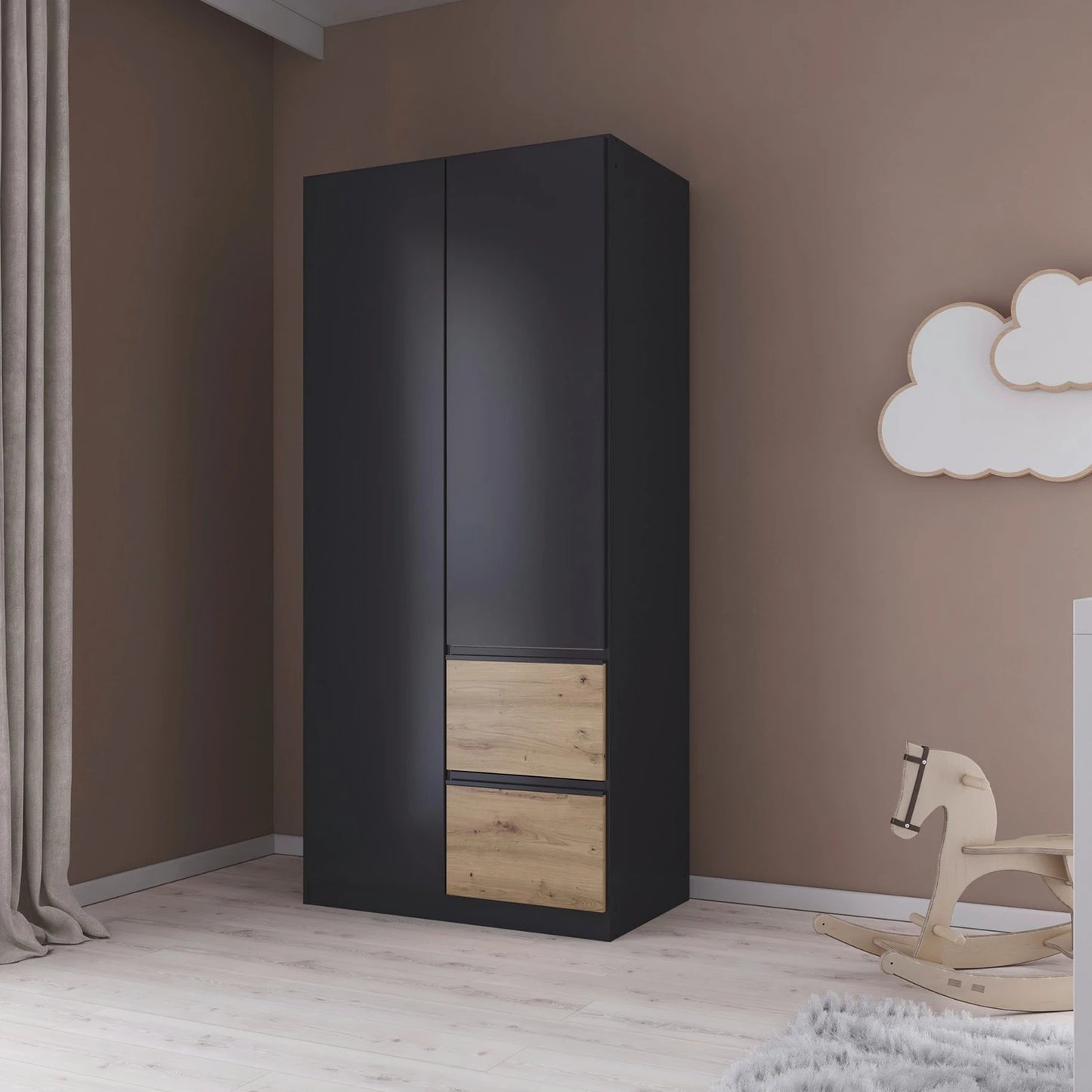 Rauch Cara Metallic Grey 2 Door Wardrobe with Side Drawers 91cm