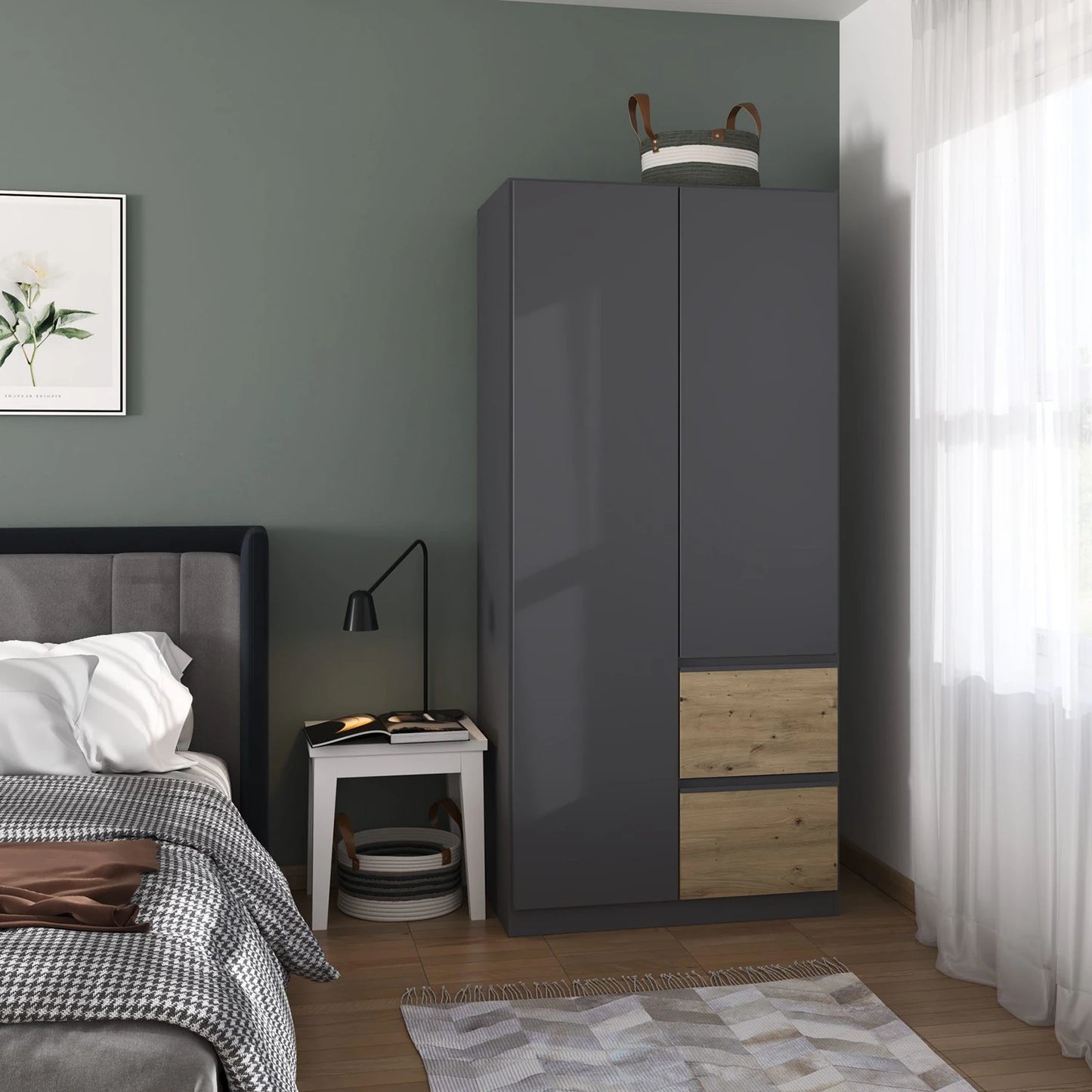 Rauch Cara Metallic Grey 2 Door Wardrobe with Side Drawers 91cm