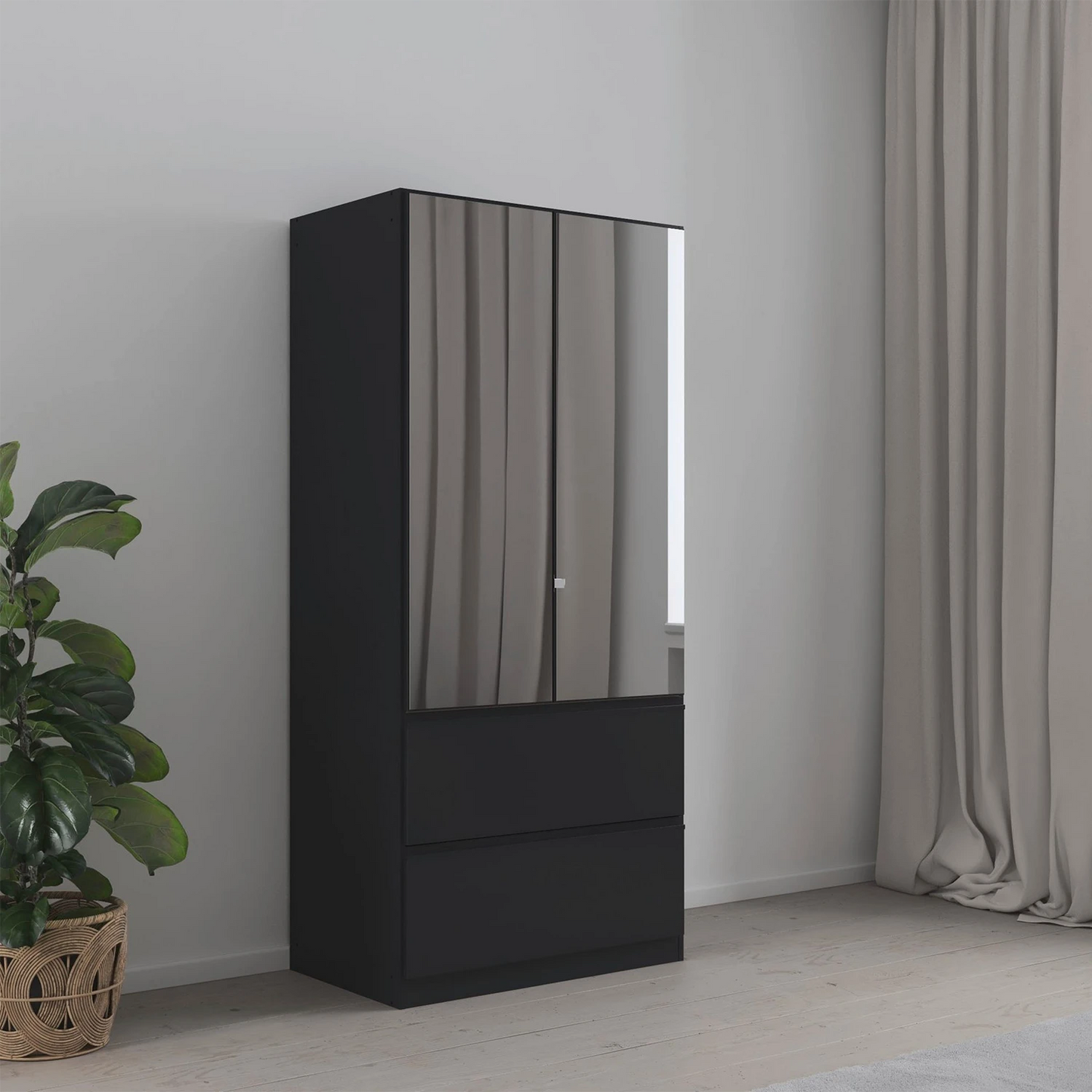 Rauch Cara Metallic Grey 2 Door Mirrored Wardrobe with Drawers