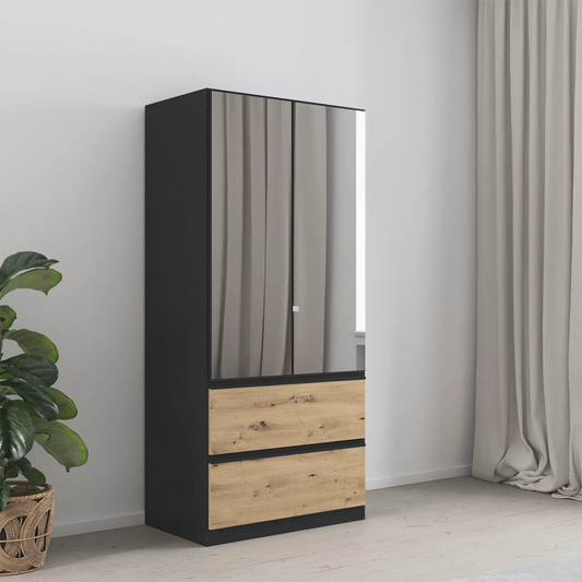 Rauch Cara Metallic Grey 2 Door Mirrored Wardrobe with Drawers