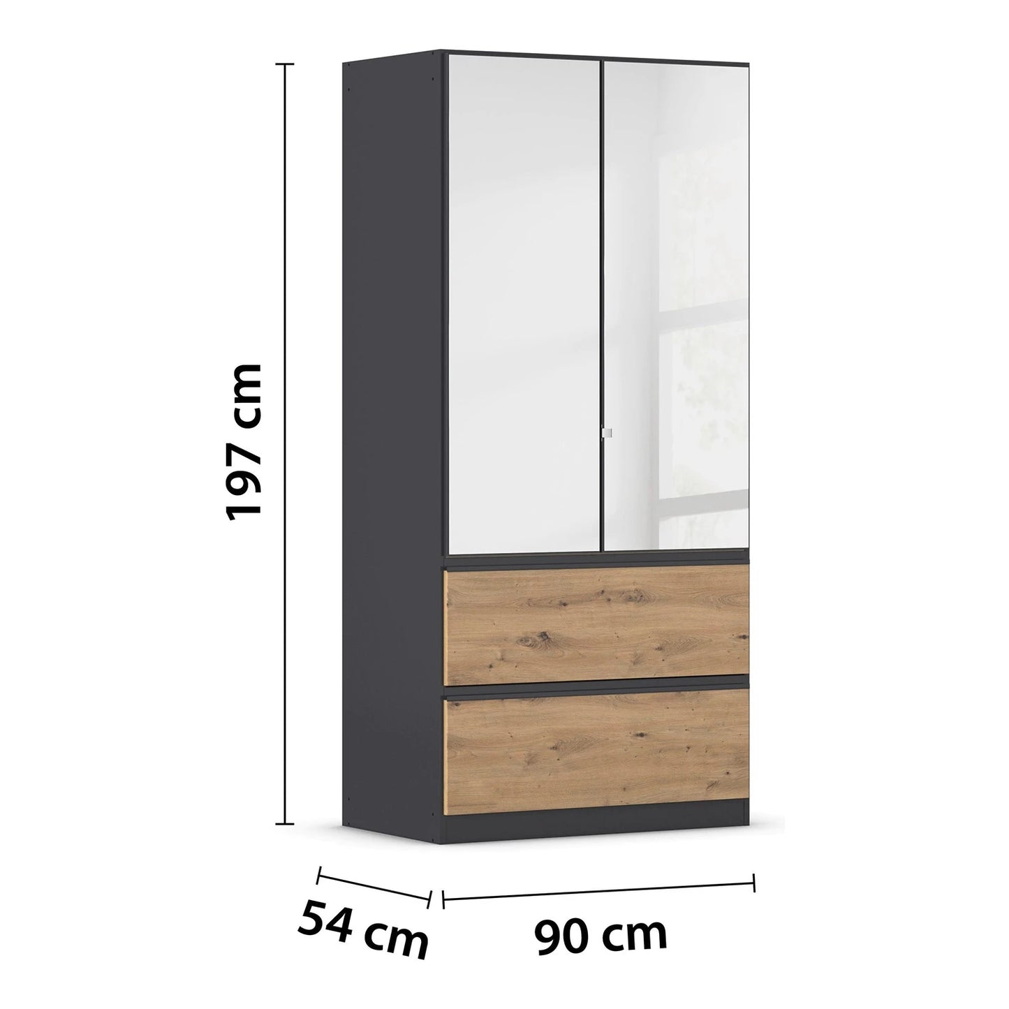 Rauch Cara Metallic Grey 2 Door Mirrored Wardrobe with Drawers
