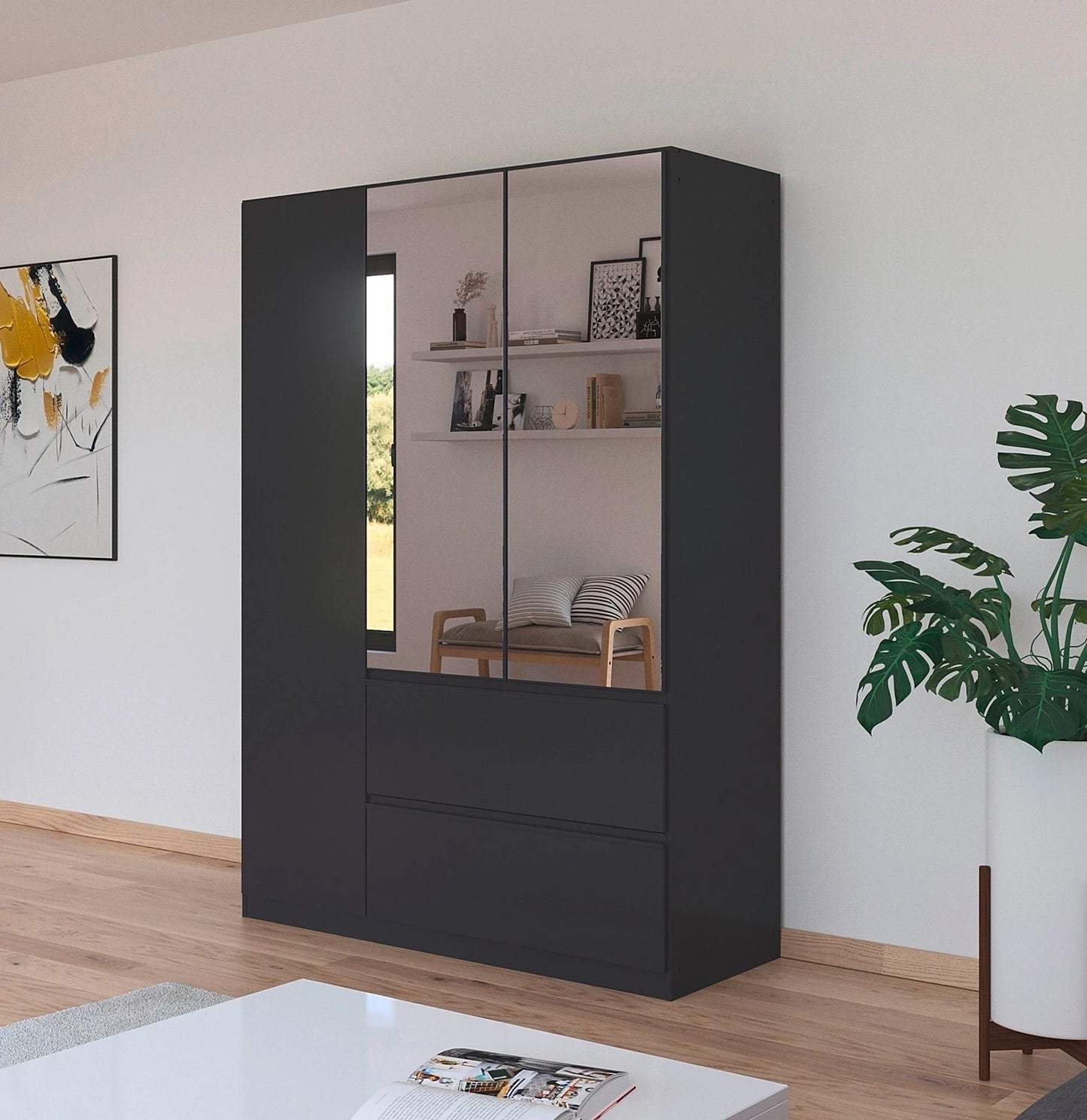 Rauch Cara Metallic Grey 3 Door Mirrored Wardrobe with Drawers 136cm