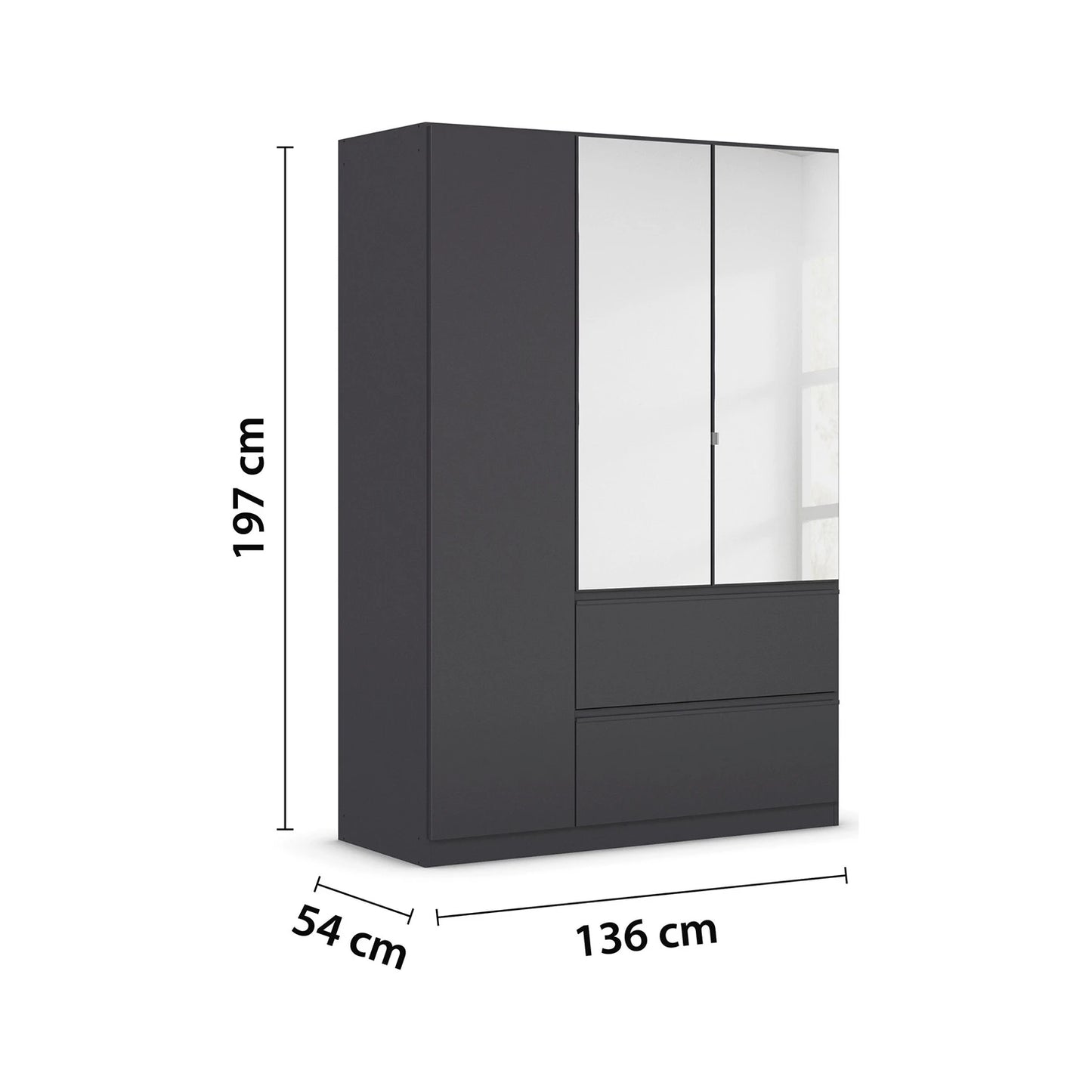 Rauch Cara Metallic Grey 3 Door Mirrored Wardrobe with Drawers 136cm
