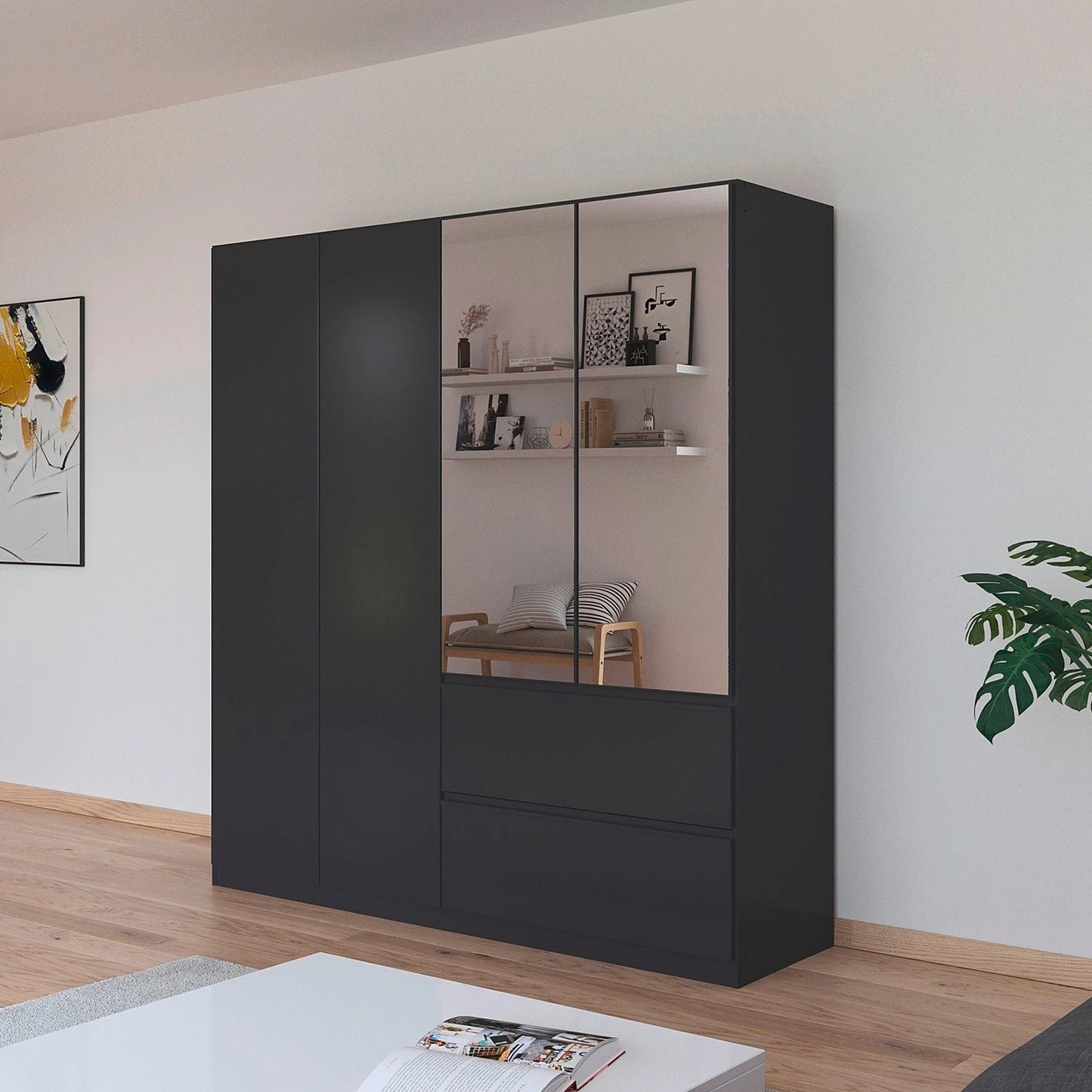 Rauch Cara Metallic Grey 4 Door Mirrored Wardrobe with Drawers 181cm
