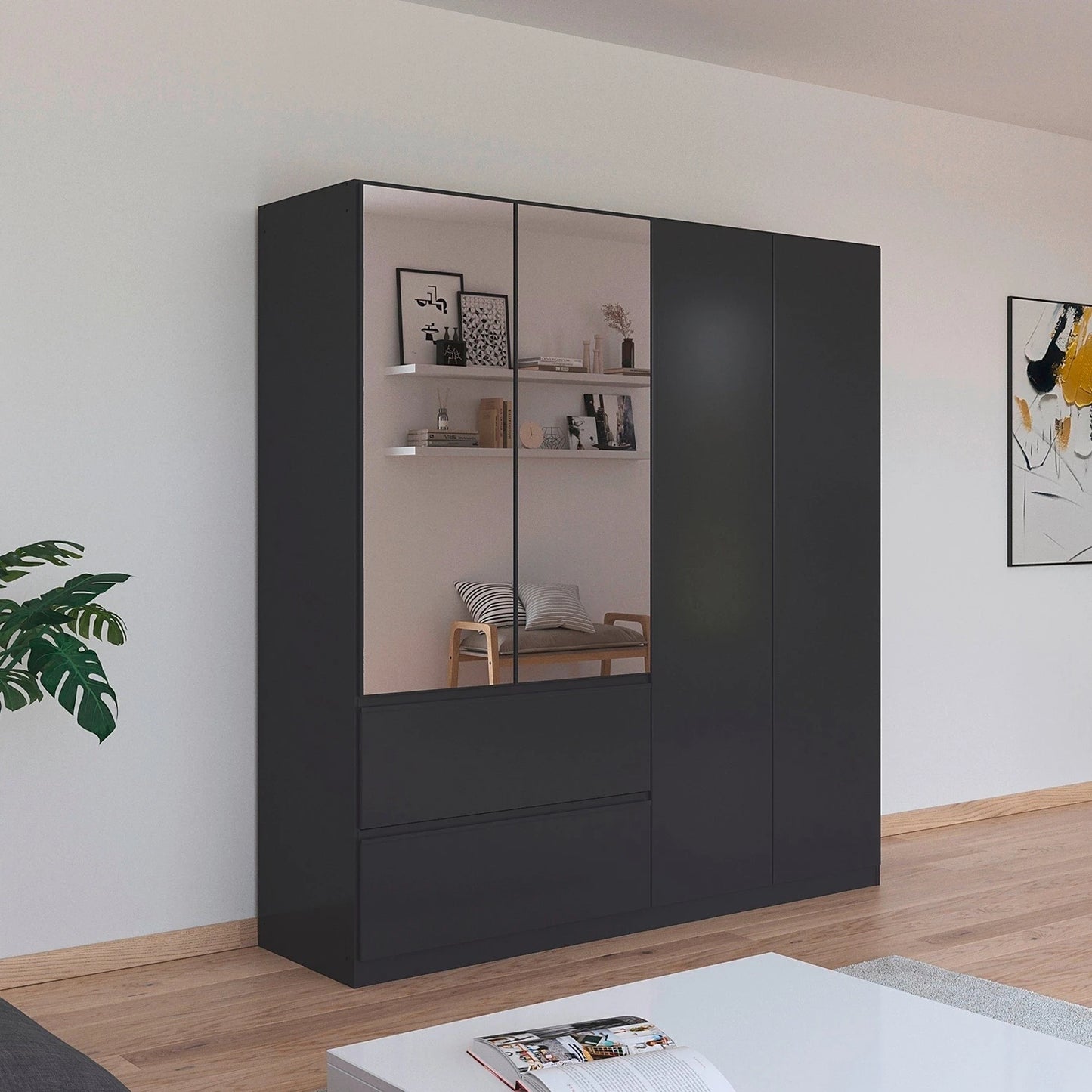 Rauch Cara Metallic Grey 4 Door Mirrored Wardrobe with Drawers 181cm