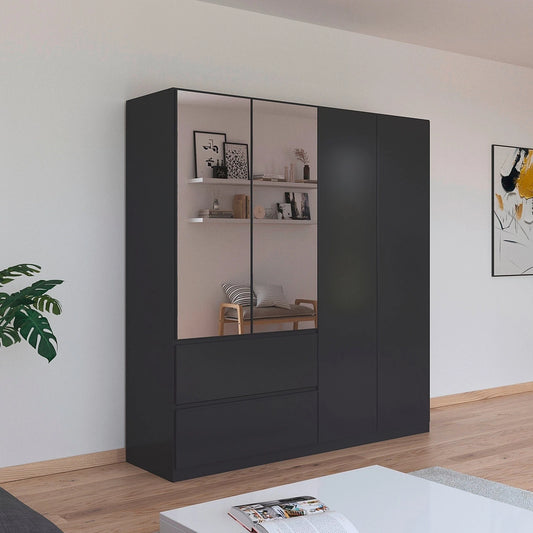 Rauch Cara Metallic Grey 4 Door Mirrored Wardrobe with Drawers 181cm