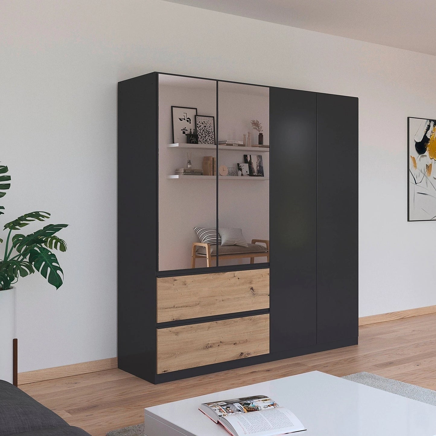 Rauch Cara Metallic Grey 4 Door Mirrored Wardrobe with Drawers 181cm