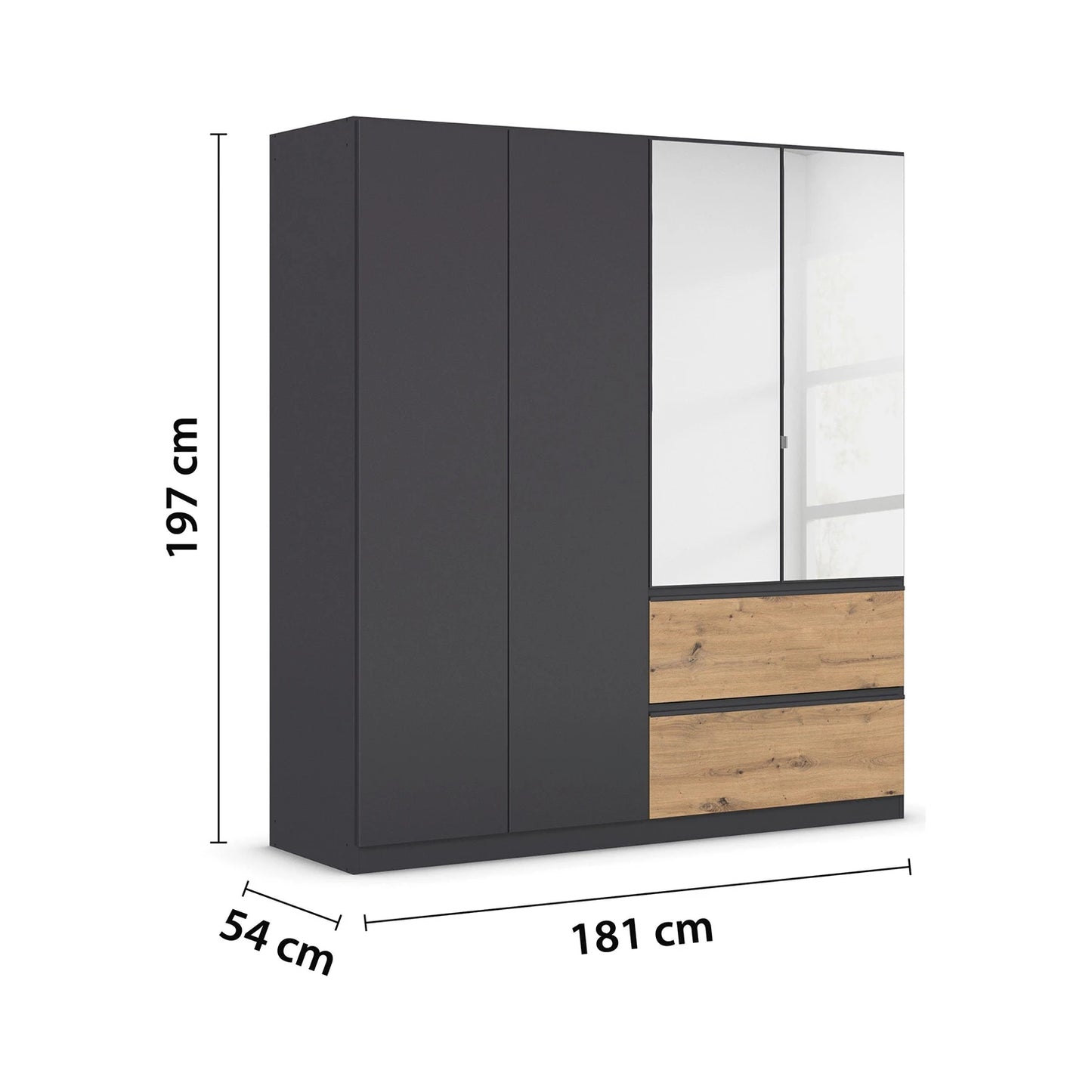 Rauch Cara Metallic Grey 4 Door Mirrored Wardrobe with Drawers 181cm