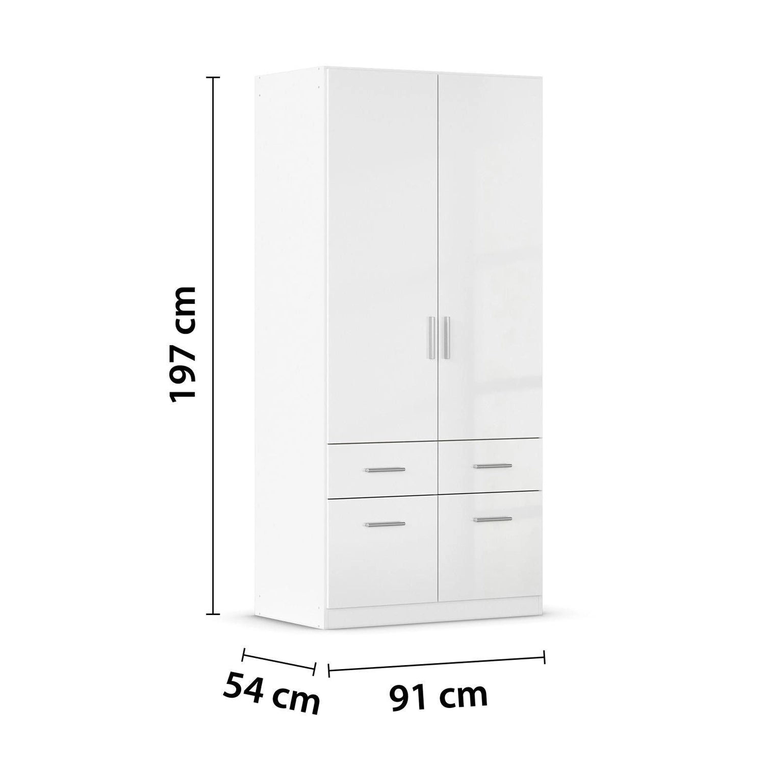 Rauch Cello 2 Doors & 4 Drawers White High Gloss Wardrobe - W94 CM - Dimensions