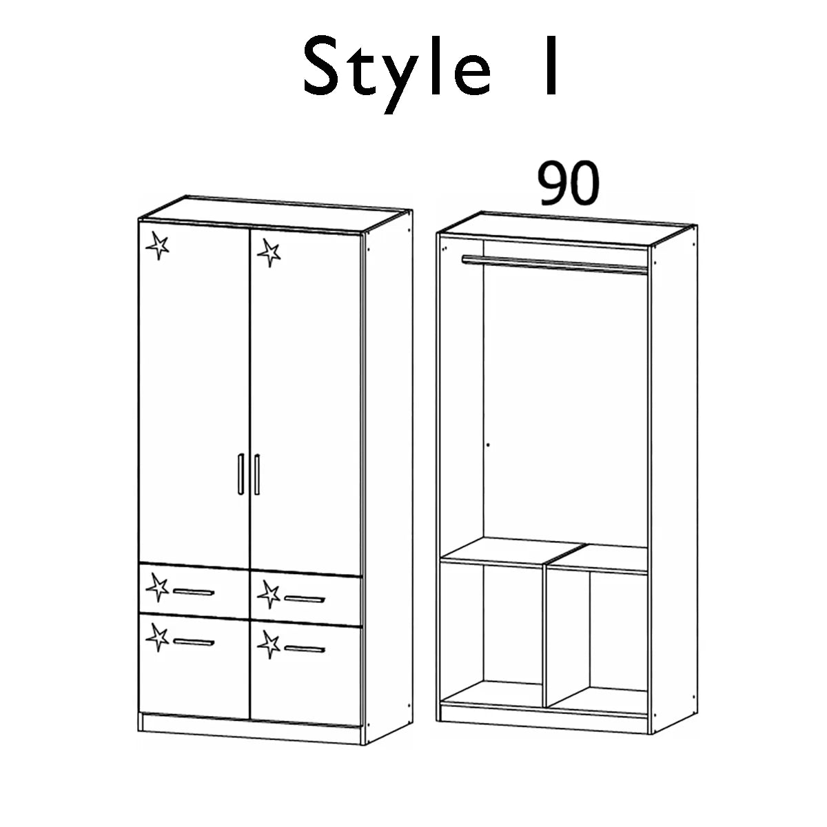  2 Doors & 4 Drawers White High Gloss Wardrobe - W91 CM - Interior Style 1