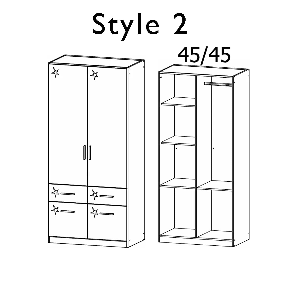  2 Doors & 4 Drawers White High Gloss Wardrobe - W91 CM - Interior Style 2