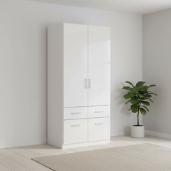 A tall high gloss white two-door wardrobe with four drawers underneath, shown in a minimalist room 