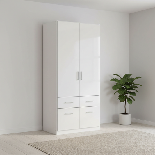 A tall high gloss white two-door wardrobe with four drawers underneath, shown in a minimalist room 
