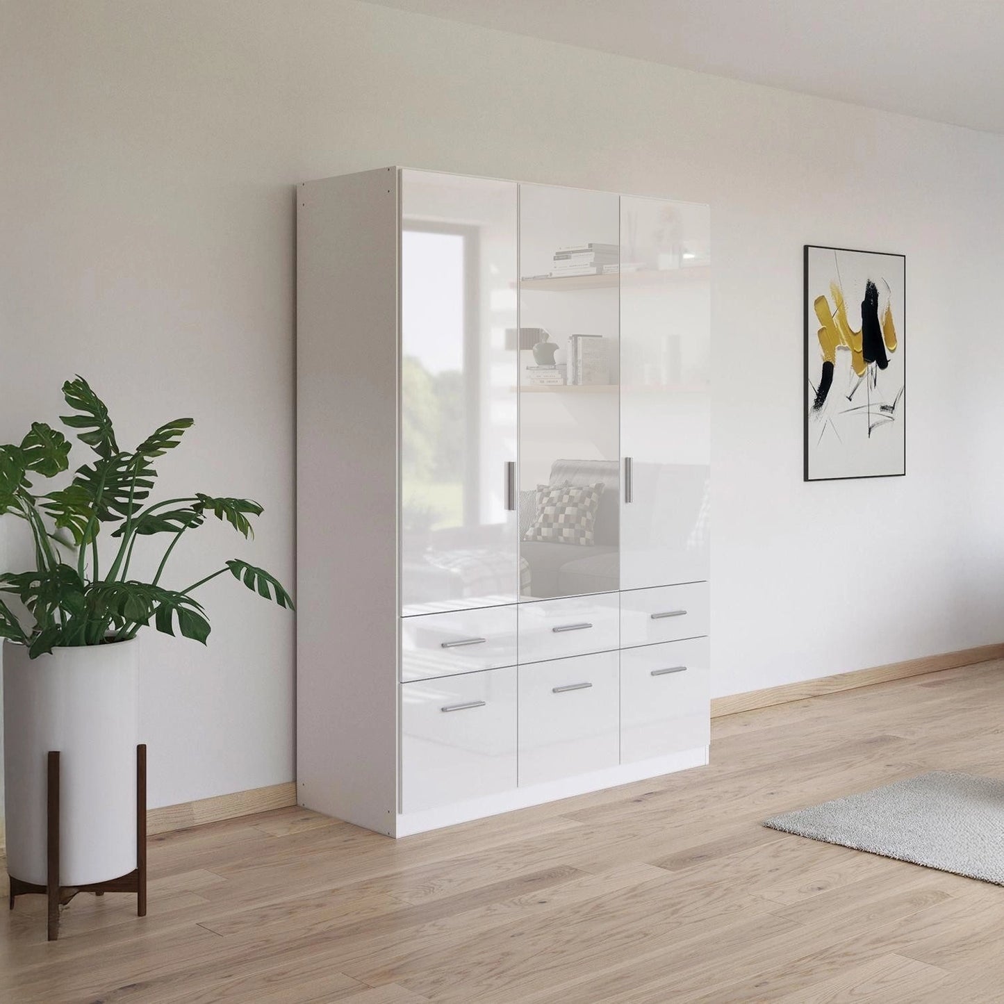 Rauch Cello 3 Doors & 6 Drawers White High Gloss Wardrobe - W140 CM with Mirror - Styled in a Bedroom
