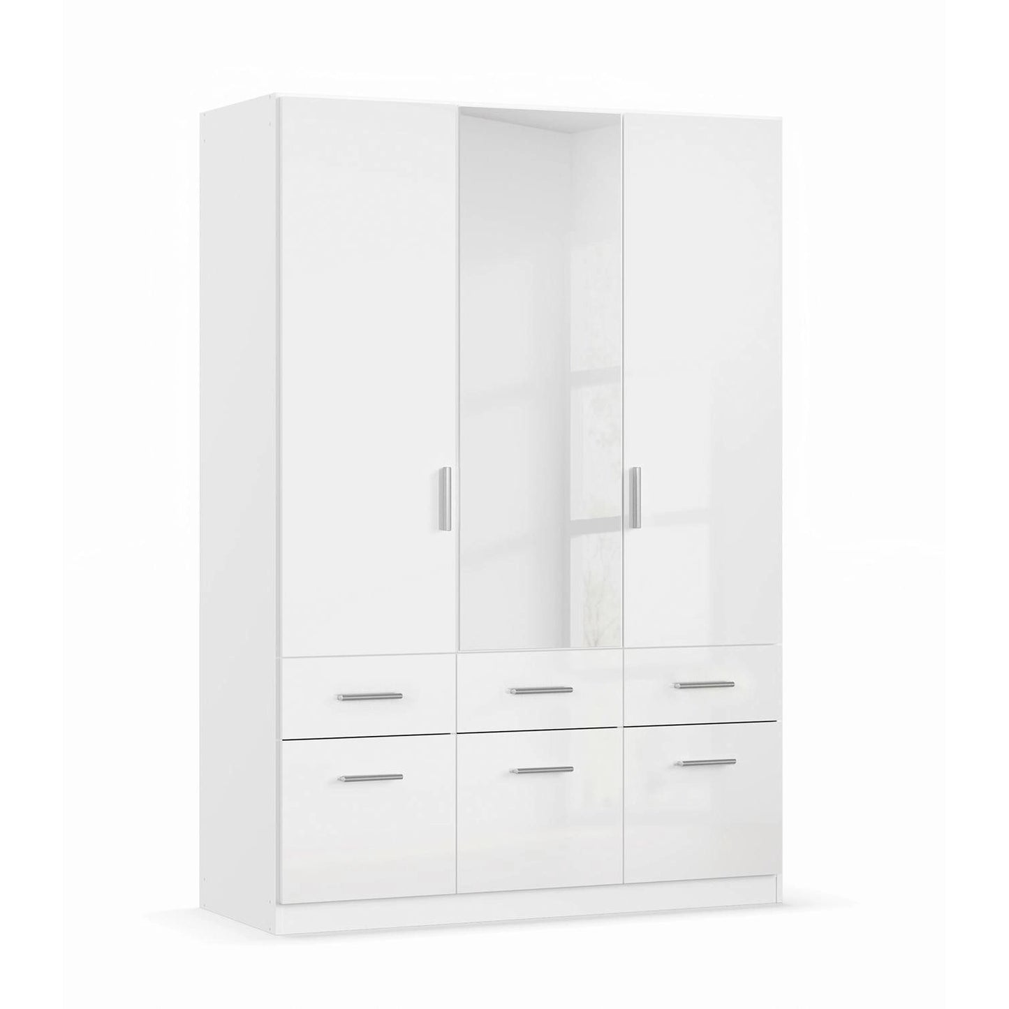Rauch Cello 3 Doors & 6 Drawers White High Gloss Wardrobe - W140 CM with Mirror