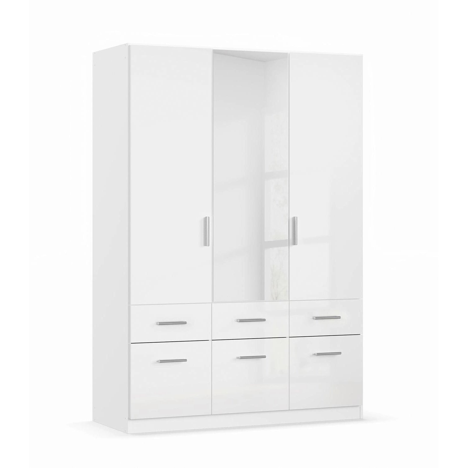Rauch Cello 3 Doors & 6 Drawers White High Gloss Wardrobe - W140 CM with Mirror