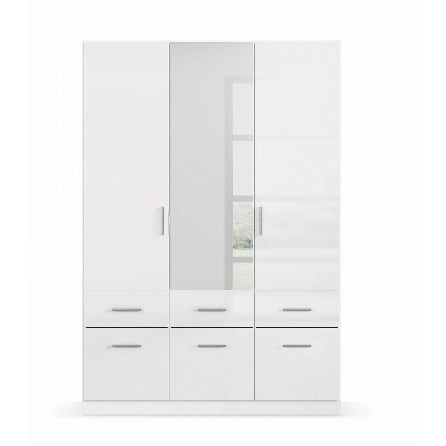 Rauch Cello 3 Doors & 6 Drawers White High Gloss Wardrobe - W140 CM with Mirror - Front View