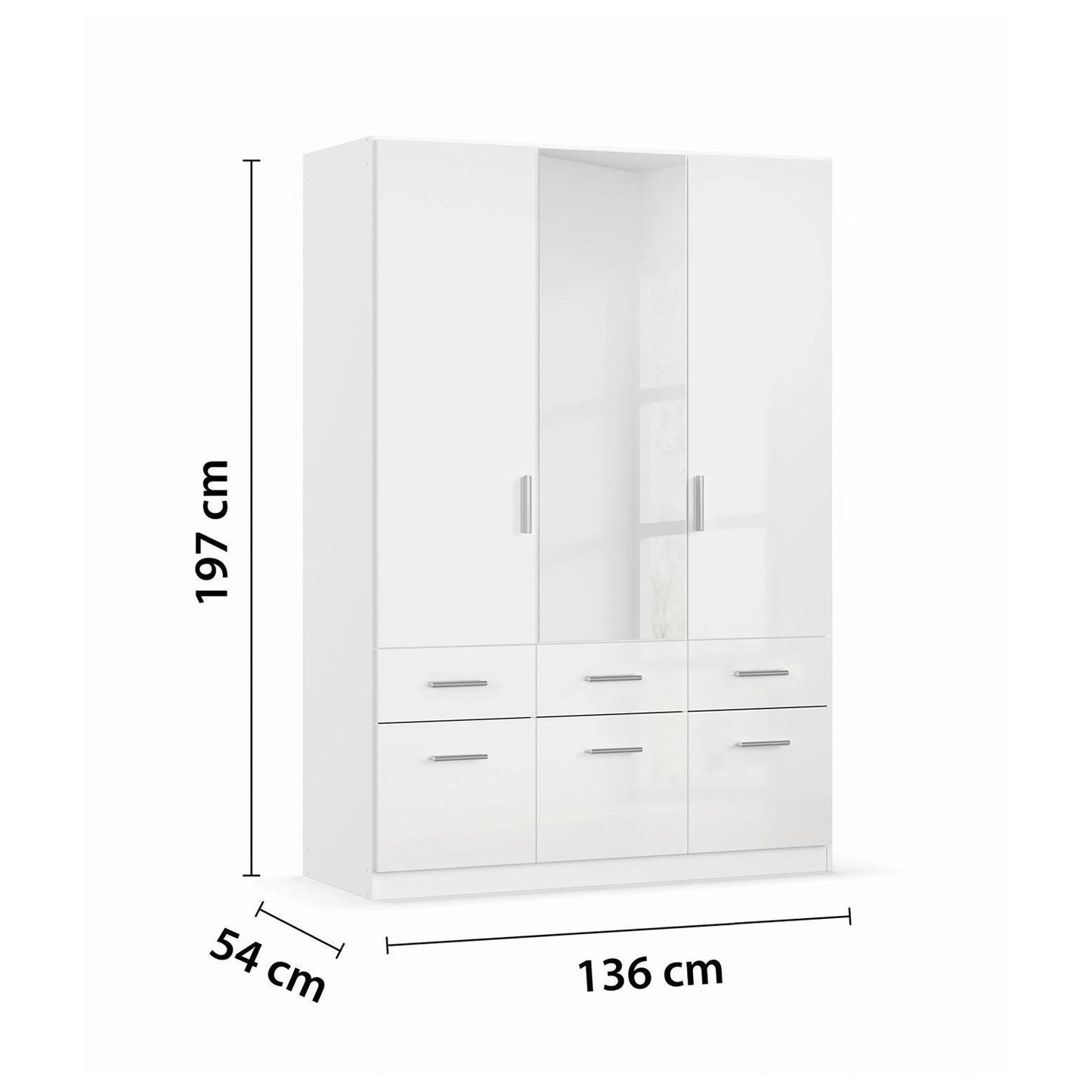 Rauch Cello 3 Doors & 6 Drawers White High Gloss Wardrobe - W140 CM with Mirror - Dimensions