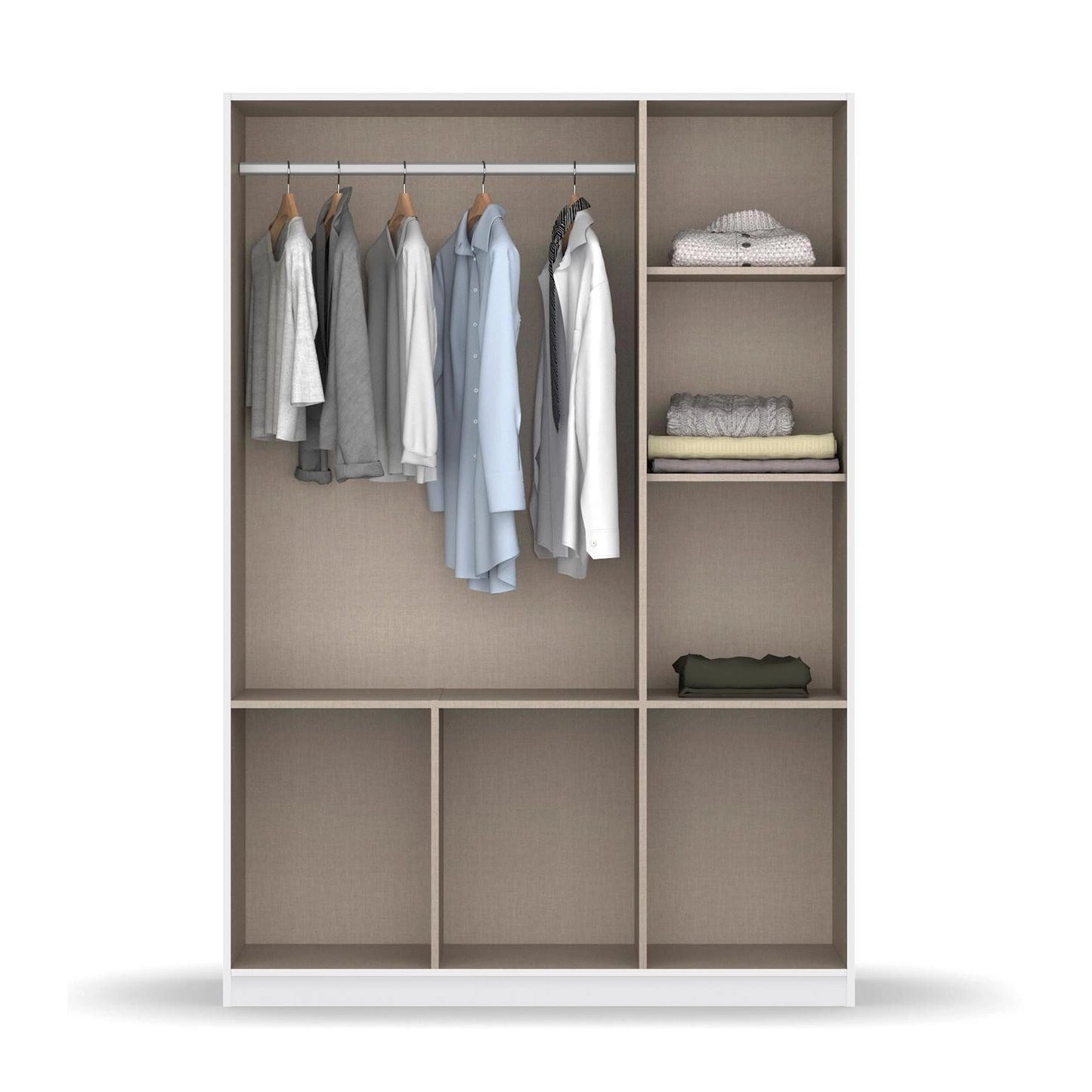 Rauch Cello 3 Doors & 6 Drawers White High Gloss Wardrobe - W140 CM - Interior Styled in a Bedroom