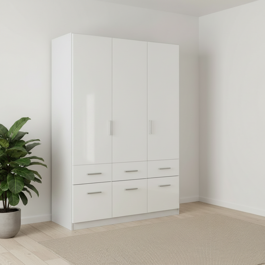 Rauch Celle 3 Doors & 6 Drawers White High Gloss Wardrobe - W136 CM