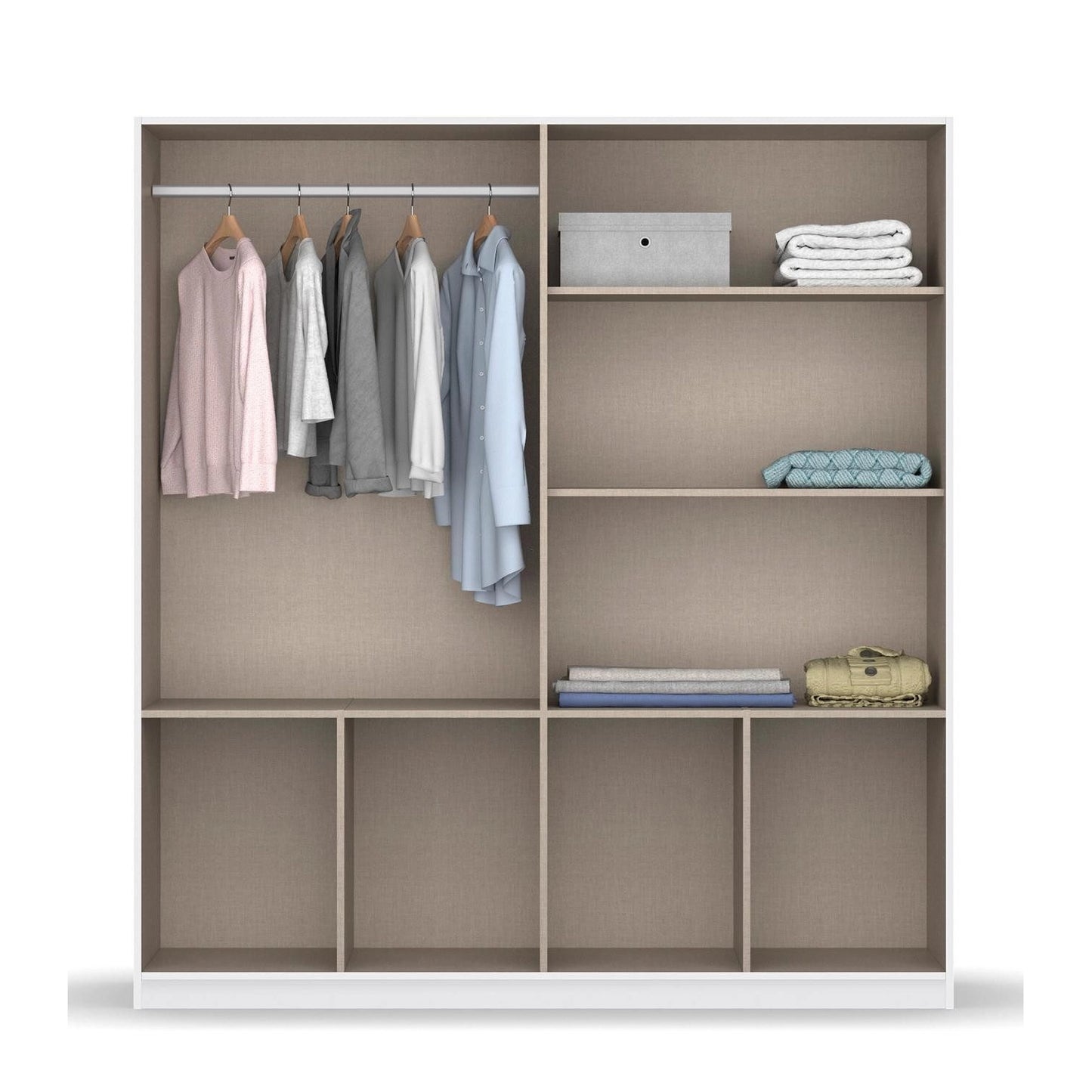 Rauch Cello 4 Doors & 8 Drawers White High Gloss Wardrobe - W181 CM - Interior View Styled in a Bedroom