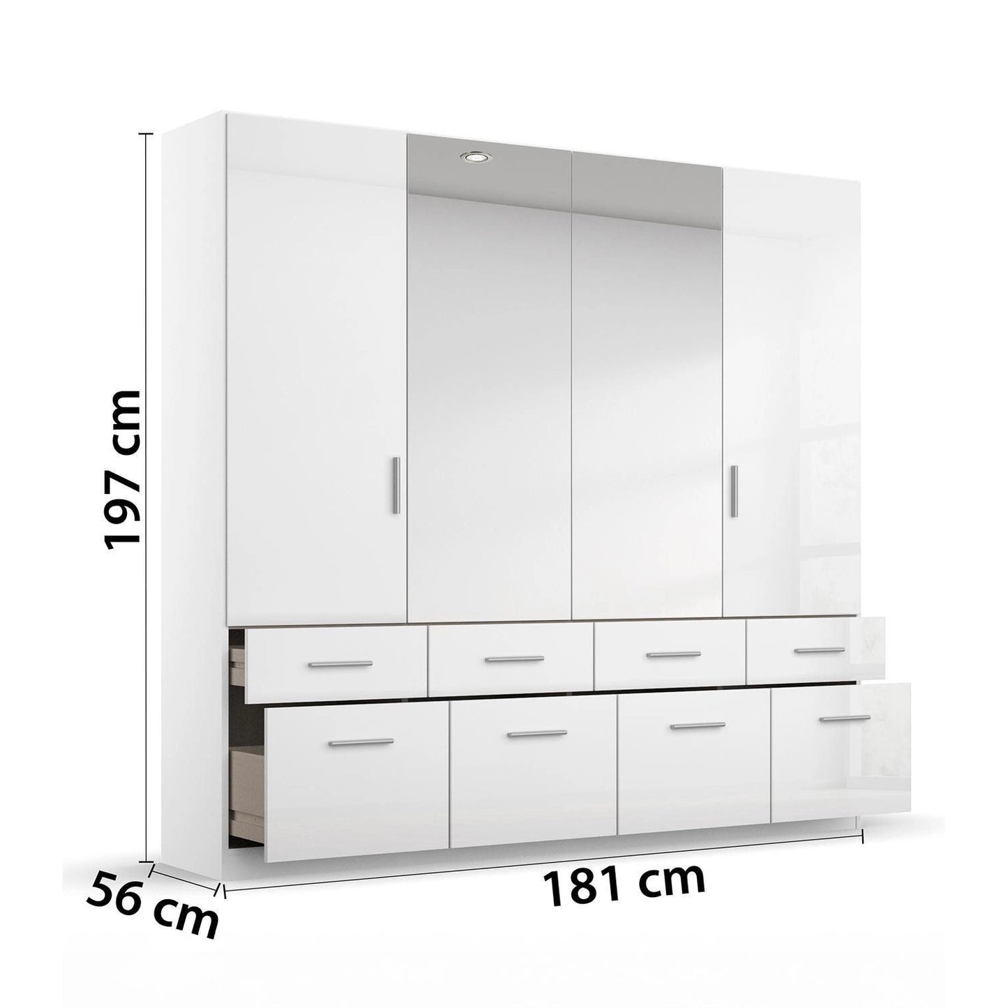 Rauch Cello 4 Doors & 8 Drawers White High Gloss Wardrobe - W181 CM with Mirror - Dimensions