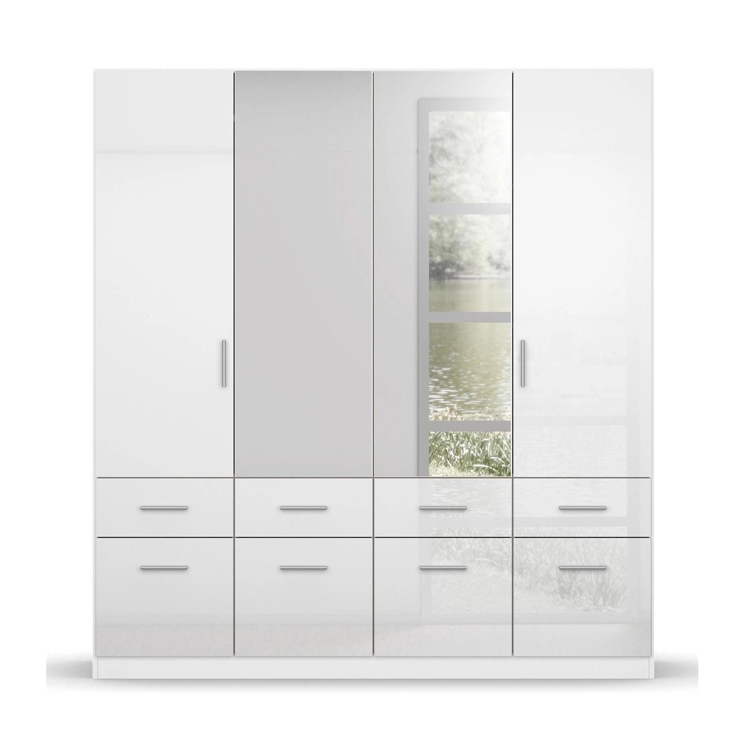 Rauch Cello 4 Doors & 8 Drawers White High Gloss Wardrobe - W181 CM with Mirror - Front View