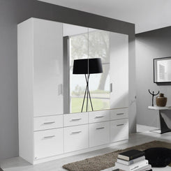 Rauch Cello 4 Doors & 8 Drawers White High Gloss Wardrobe with Mirror