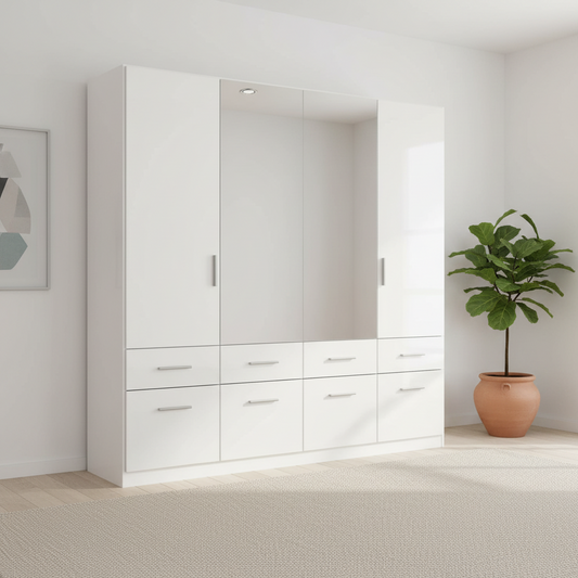 Rauch Celle 4 Doors & 8 Drawers White High Gloss Wardrobe - W181 CM