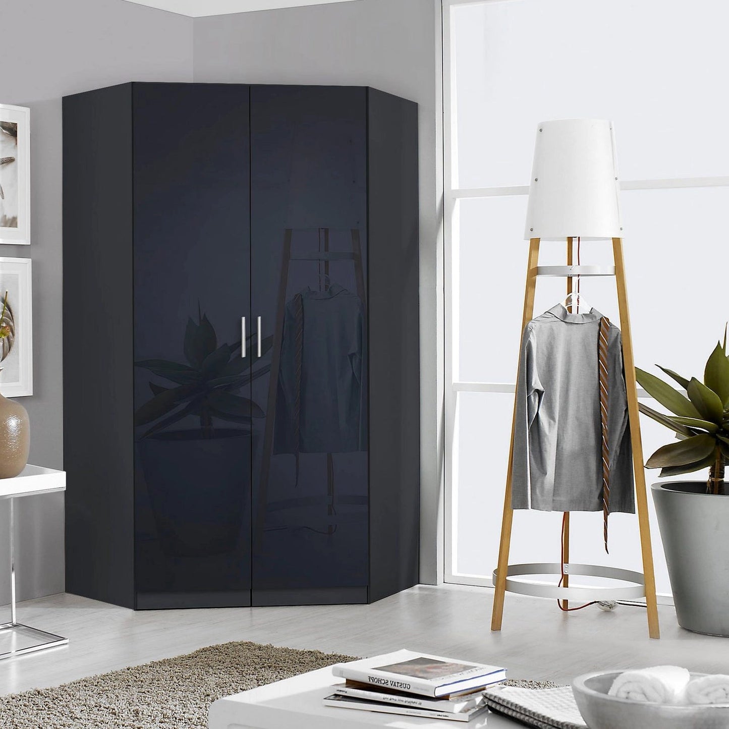 Rauch Celle High Gloss Effect Grey 2 Door Corner Wardrobe - Styled in a Bedroom