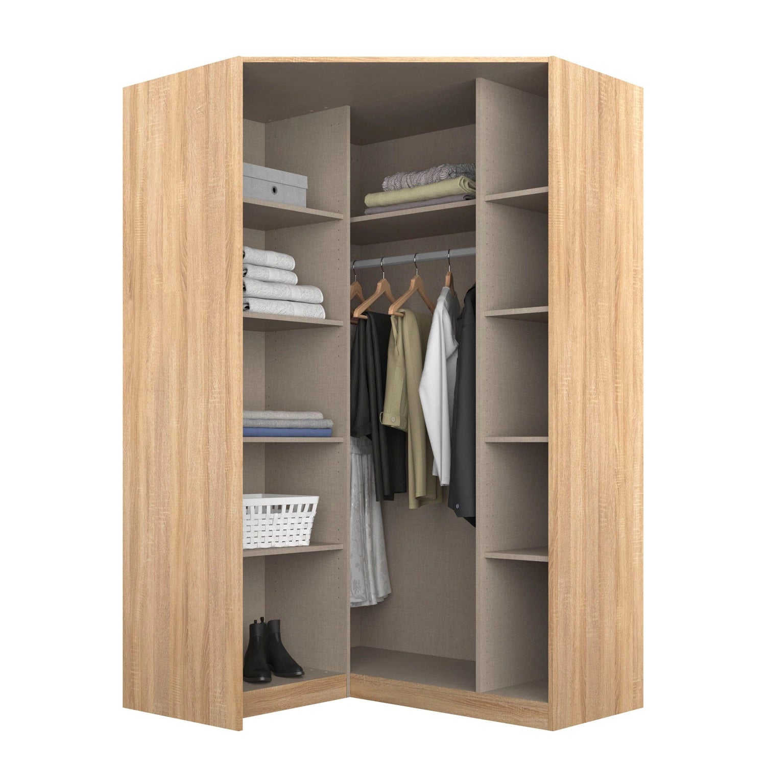 Rauch Celle High Gloss Effect Grey With Carcase Light Textured Oak 2 Door Corner Wardrobe - Interior Styled in a Bedrom