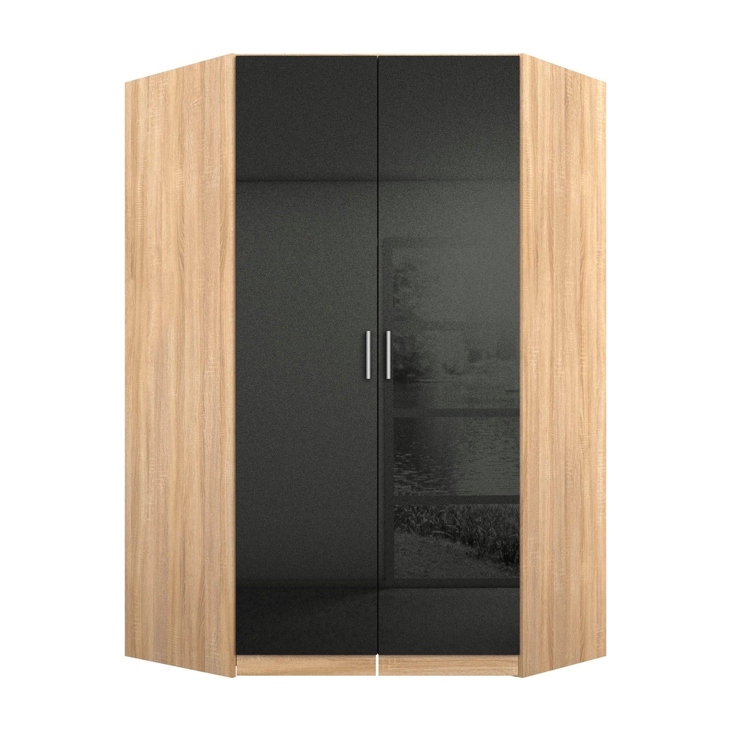 Rauch Celle High Gloss Effect Grey With Carcase Light Textured Oak 2 Door Corner Wardrobe